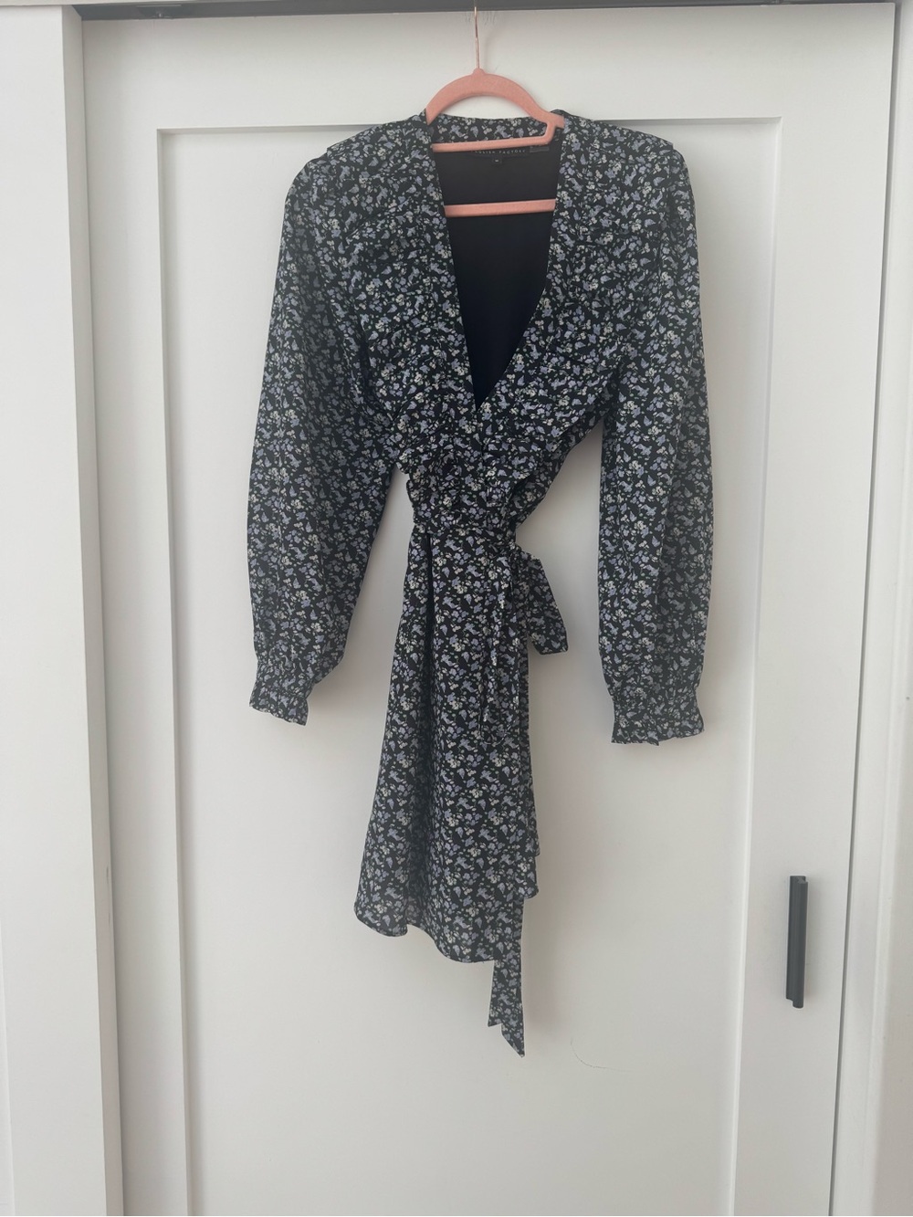 English Factory Black Floral Wrap Dress with White Print